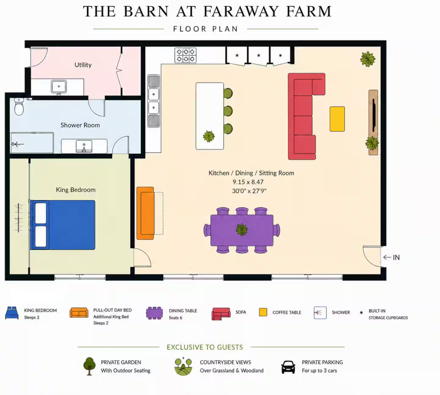Floor plan of Faraway Barn: king bedroom, shower room, utility, and open-plan kitchen, dining and sitting room